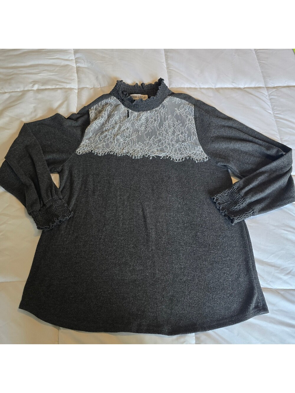 Inner Circle Gray Lace Yoke Long Sleeve Top